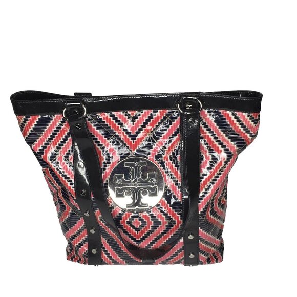 Tory Burch Quilted Pattern Studded Large Multicolor Geometric Patent Tote Bag - Picture 1 of 12